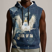 Bennu Ancient Egyptian Sleeveless Hoodie with Deep Blue Ink Wash, Winged Bennu Bird and Soul of Ra - Wonder Print Shop