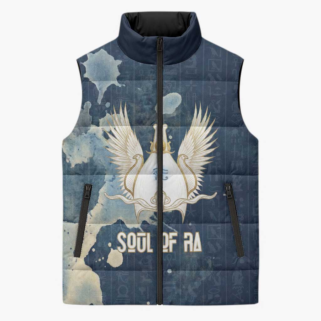 Bennu Ancient Egyptian Sleeveless Puffer Jacket with Deep Blue Ink Wash, Winged Bennu Bird and Soul of Ra - Wonder Print Shop