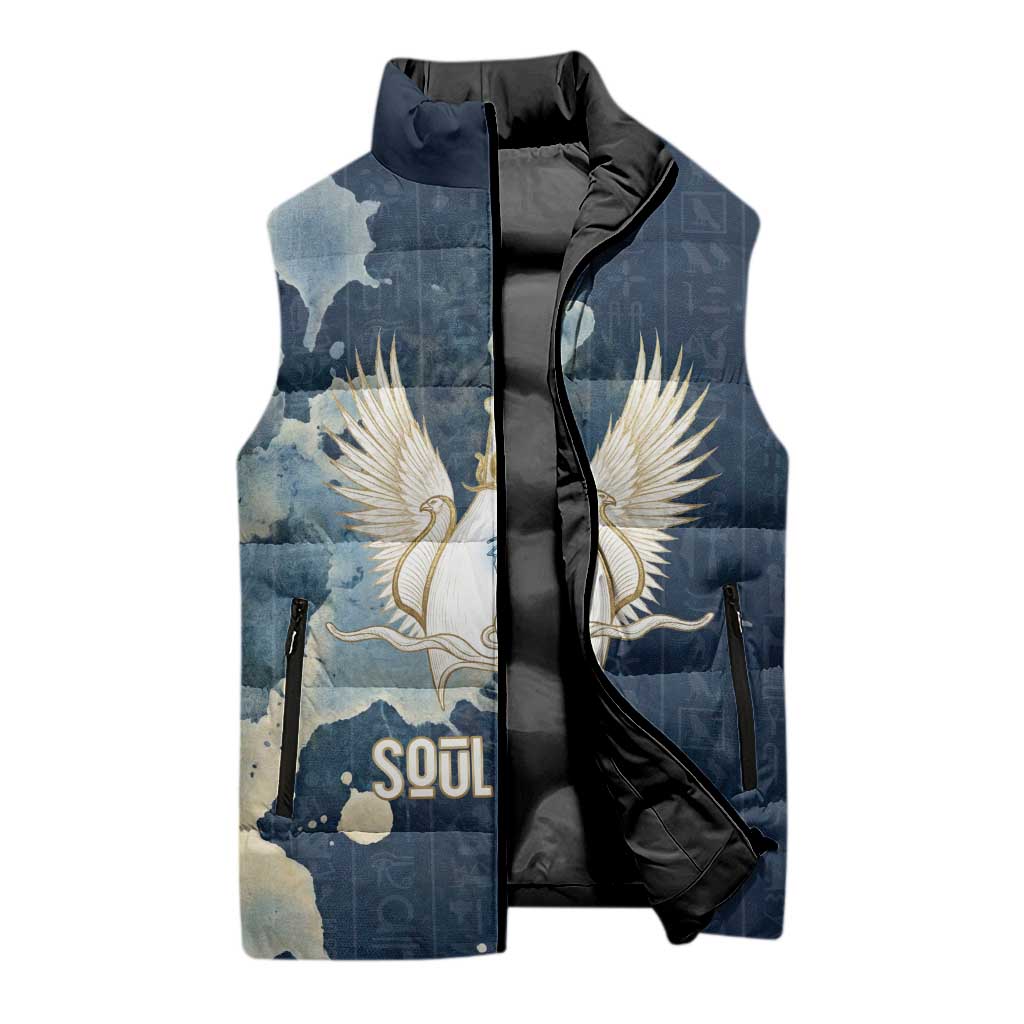 Bennu Ancient Egyptian Sleeveless Puffer Jacket with Deep Blue Ink Wash, Winged Bennu Bird and Soul of Ra - Wonder Print Shop