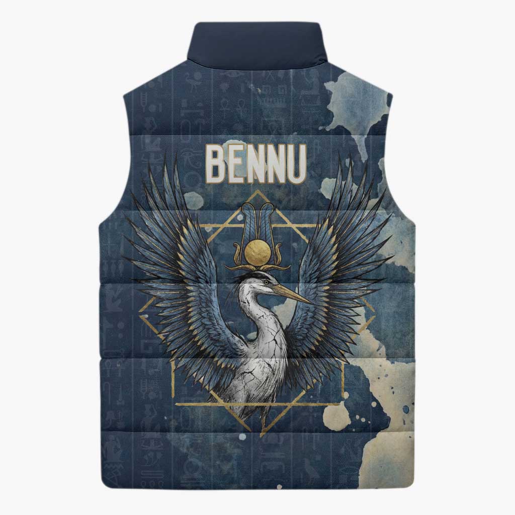 Bennu Ancient Egyptian Sleeveless Puffer Jacket with Deep Blue Ink Wash, Winged Bennu Bird and Soul of Ra - Wonder Print Shop