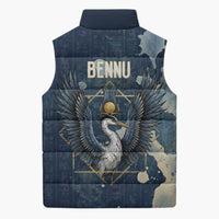 Bennu Ancient Egyptian Sleeveless Puffer Jacket with Deep Blue Ink Wash, Winged Bennu Bird and Soul of Ra - Wonder Print Shop