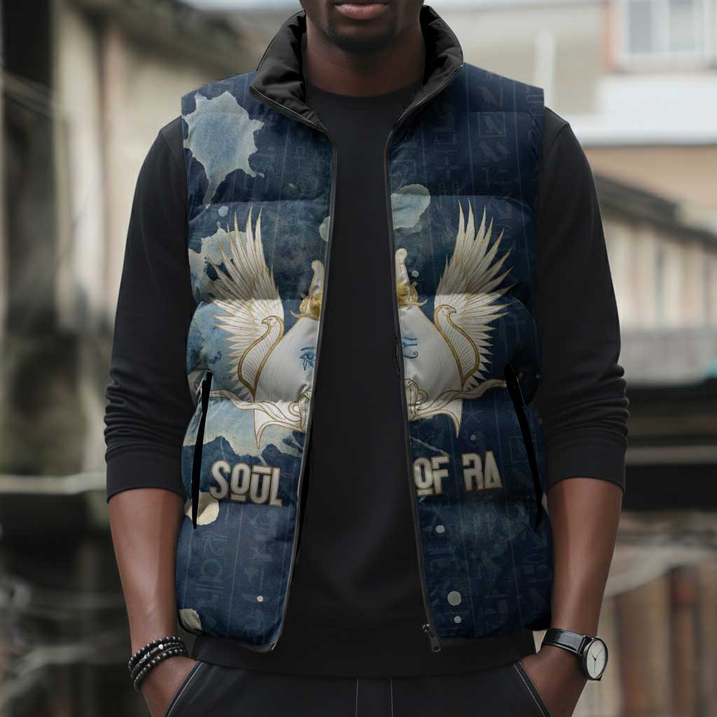 Bennu Ancient Egyptian Sleeveless Puffer Jacket with Deep Blue Ink Wash, Winged Bennu Bird and Soul of Ra - Wonder Print Shop