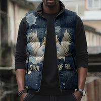 Bennu Ancient Egyptian Sleeveless Puffer Jacket with Deep Blue Ink Wash, Winged Bennu Bird and Soul of Ra - Wonder Print Shop