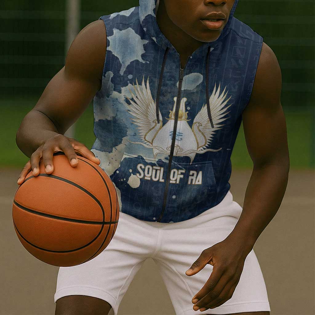 Bennu Ancient Egyptian Sleeveless Zip Hoodie with Deep Blue Ink Wash, Winged Bennu Bird and Soul of Ra - Wonder Print Shop