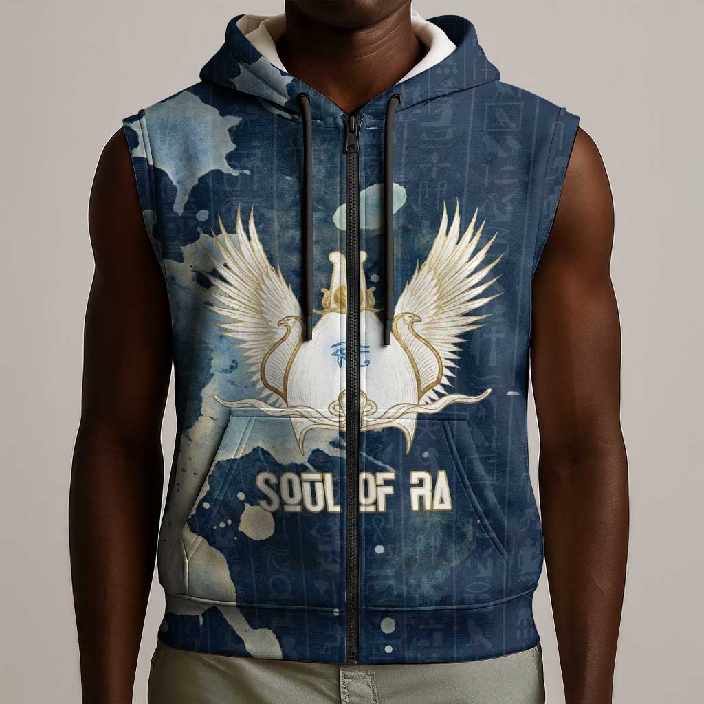 Bennu Ancient Egyptian Sleeveless Zip Hoodie with Deep Blue Ink Wash, Winged Bennu Bird and Soul of Ra - Wonder Print Shop