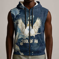 Bennu Ancient Egyptian Sleeveless Zip Hoodie with Deep Blue Ink Wash, Winged Bennu Bird and Soul of Ra - Wonder Print Shop