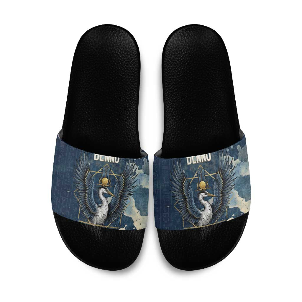 Bennu Ancient Egyptian Slide Sandals with Deep Blue Ink Wash, Winged Bennu Bird and Soul of Ra - Wonder Print Shop