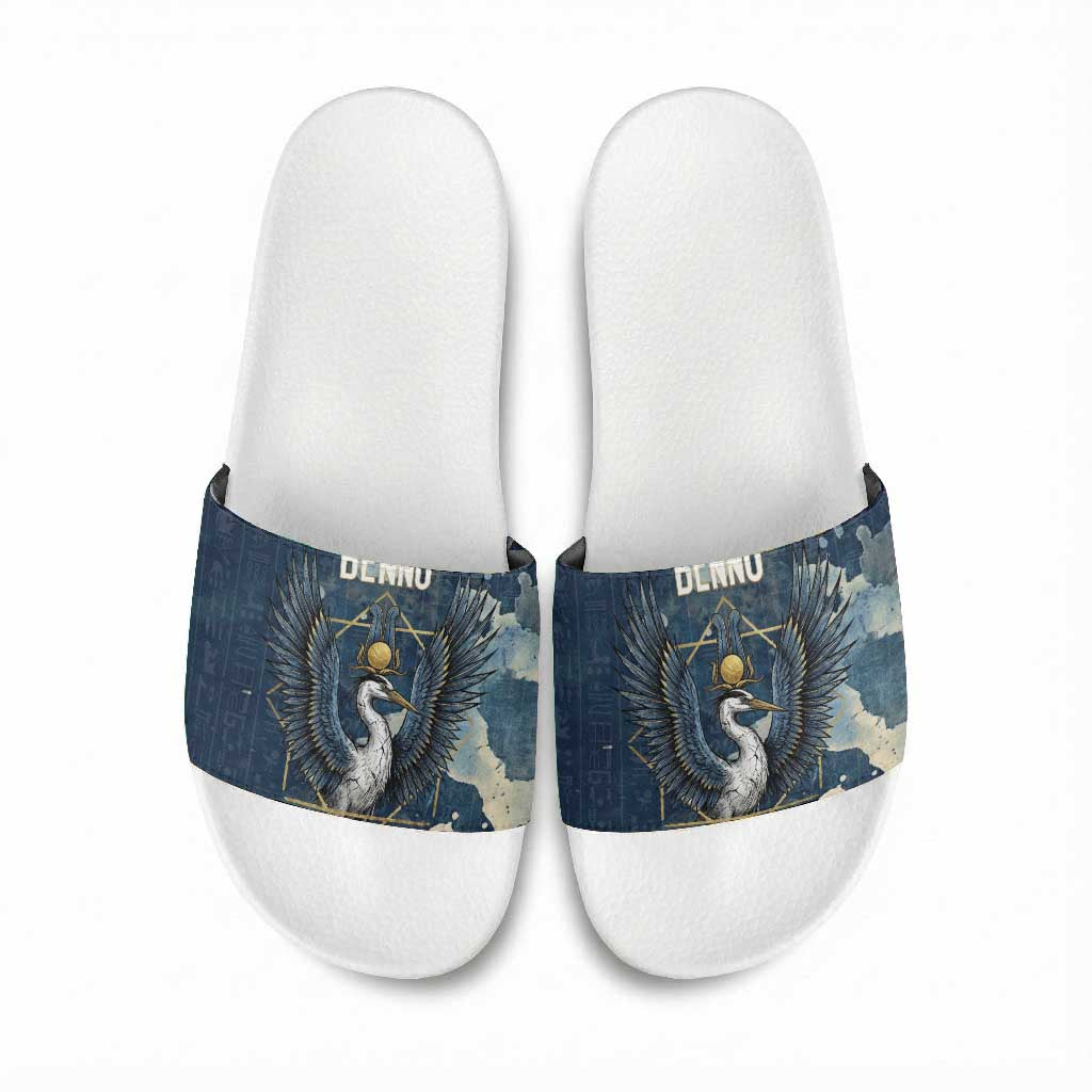 Bennu Ancient Egyptian Slide Sandals with Deep Blue Ink Wash, Winged Bennu Bird and Soul of Ra - Wonder Print Shop