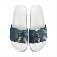 Bennu Ancient Egyptian Slide Sandals with Deep Blue Ink Wash, Winged Bennu Bird and Soul of Ra - Wonder Print Shop