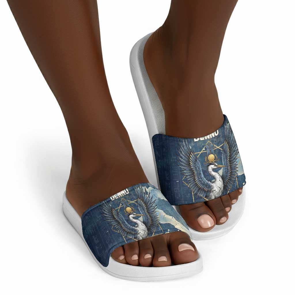 Bennu Ancient Egyptian Slide Sandals with Deep Blue Ink Wash, Winged Bennu Bird and Soul of Ra - Wonder Print Shop