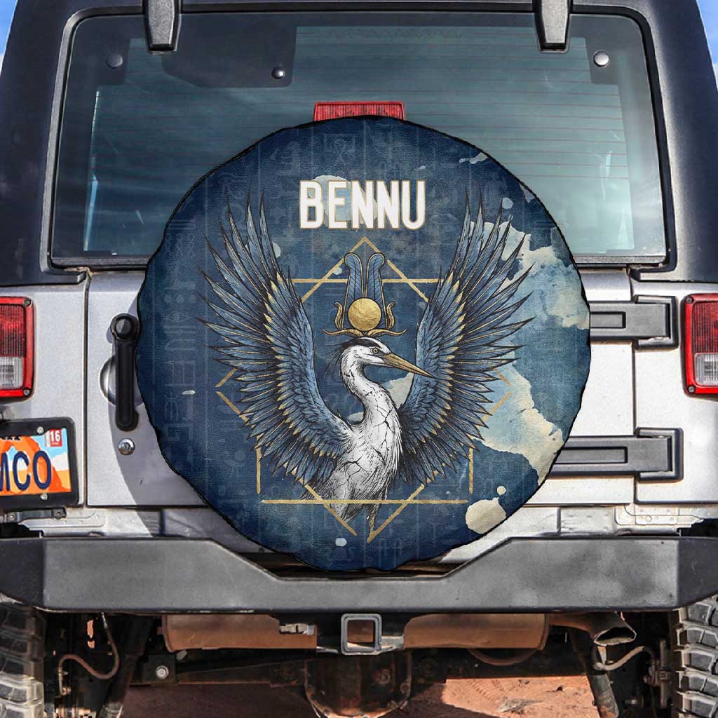 Bennu Ancient Egyptian Spare Tire Cover with Deep Blue Ink Wash, Winged Bennu Bird and Soul of Ra - Wonder Print Shop