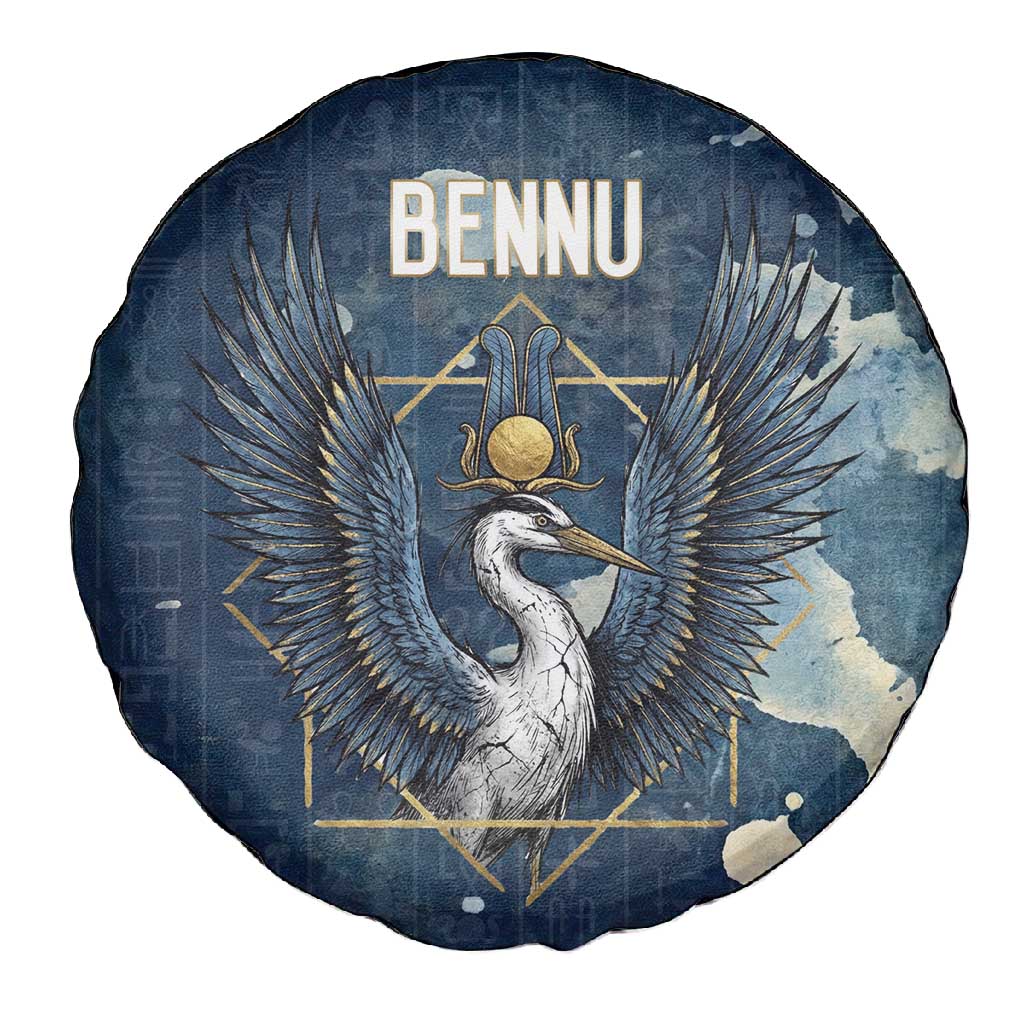 Bennu Ancient Egyptian Spare Tire Cover with Deep Blue Ink Wash, Winged Bennu Bird and Soul of Ra - Wonder Print Shop