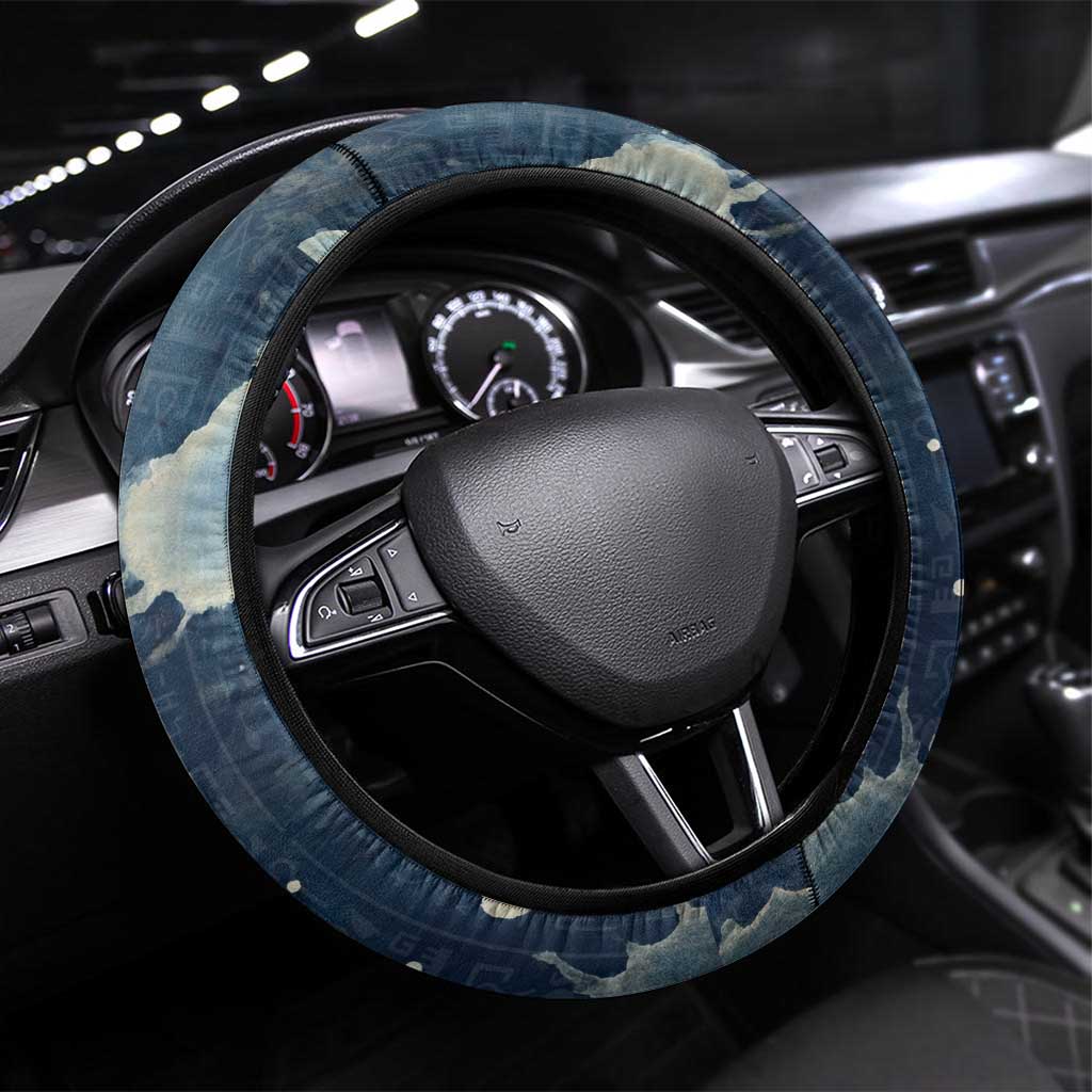 Bennu Ancient Egyptian Steering Wheel Cover with Deep Blue Ink Wash, Winged Bennu Bird and Soul of Ra - Wonder Print Shop