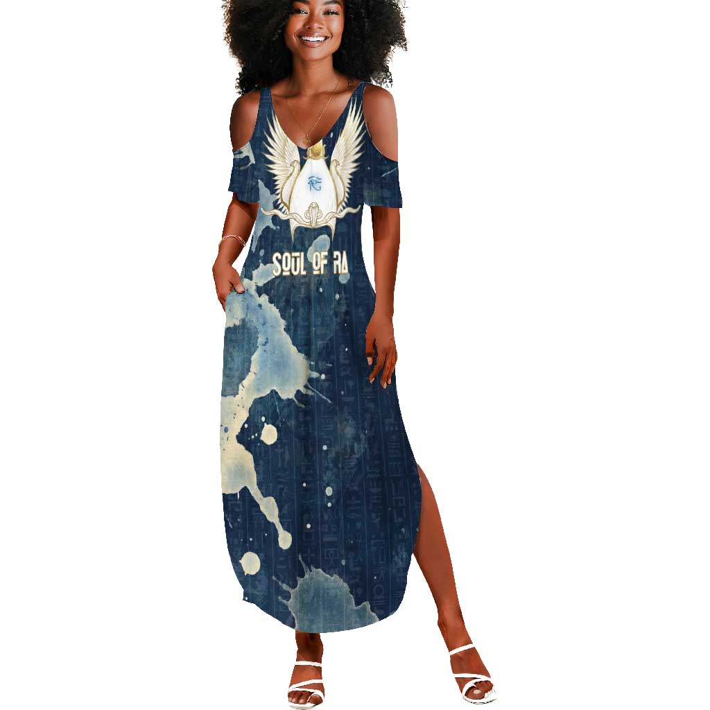 Bennu Ancient Egyptian Summer Maxi Dress with Deep Blue Ink Wash, Winged Bennu Bird and Soul of Ra - Wonder Print Shop