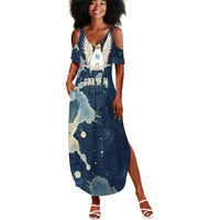 Bennu Ancient Egyptian Summer Maxi Dress with Deep Blue Ink Wash, Winged Bennu Bird and Soul of Ra - Wonder Print Shop