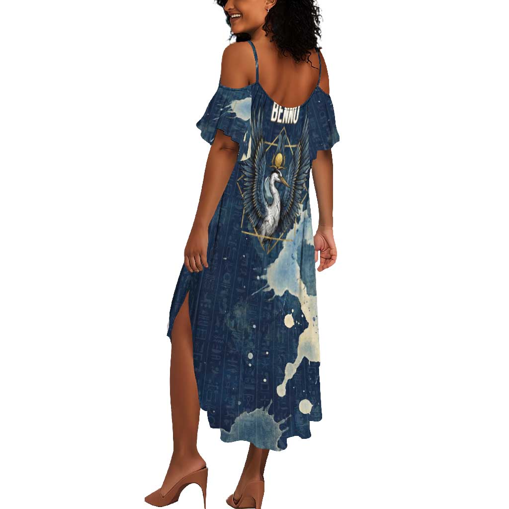 Bennu Ancient Egyptian Summer Maxi Dress with Deep Blue Ink Wash, Winged Bennu Bird and Soul of Ra - Wonder Print Shop