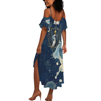 Bennu Ancient Egyptian Summer Maxi Dress with Deep Blue Ink Wash, Winged Bennu Bird and Soul of Ra - Wonder Print Shop