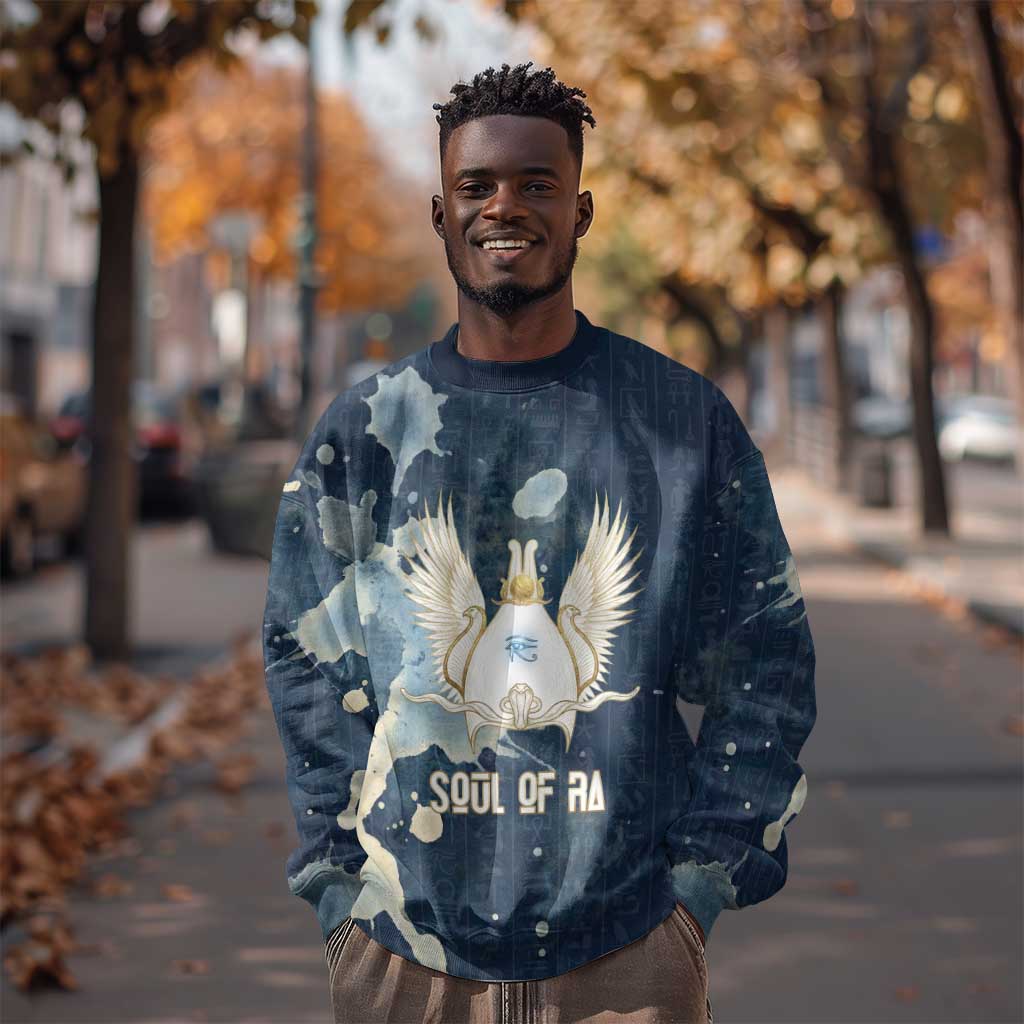 Bennu Ancient Egyptian Sweatshirt with Deep Blue Ink Wash, Winged Bennu Bird and Soul of Ra - Wonder Print Shop
