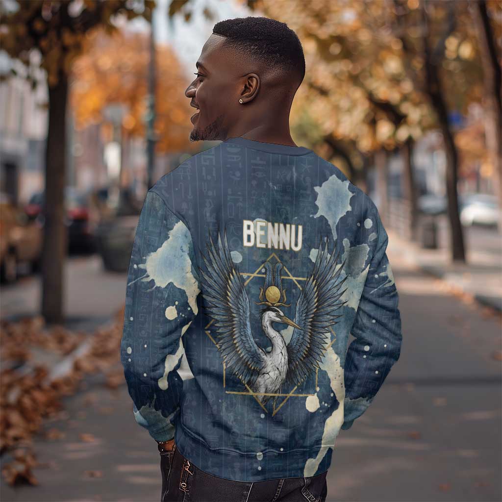 Bennu Ancient Egyptian Sweatshirt with Deep Blue Ink Wash, Winged Bennu Bird and Soul of Ra - Wonder Print Shop