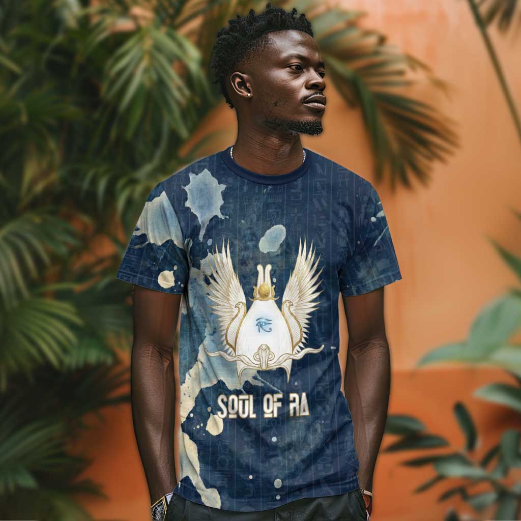Bennu Ancient Egyptian T shirt with Deep Blue Ink Wash, Winged Bennu Bird and Soul of Ra - Wonder Print Shop