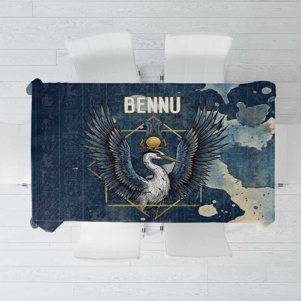 Bennu Ancient Egyptian Tablecloth with Deep Blue Ink Wash, Winged Bennu Bird and Soul of Ra - Wonder Print Shop
