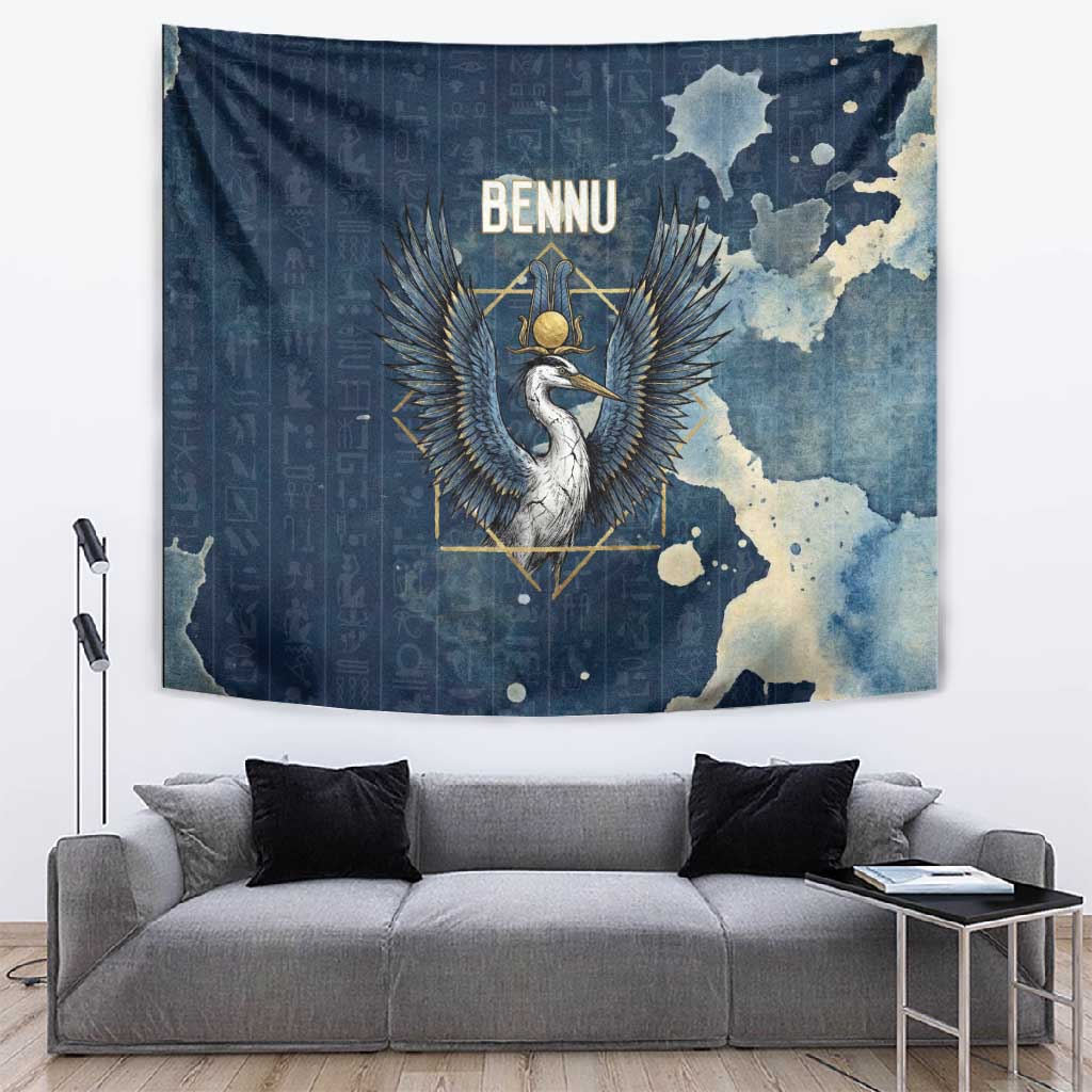 Bennu Ancient Egyptian Tapestry with Deep Blue Ink Wash, Winged Bennu Bird and Soul of Ra - Wonder Print Shop