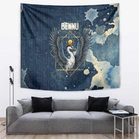 Bennu Ancient Egyptian Tapestry with Deep Blue Ink Wash, Winged Bennu Bird and Soul of Ra - Wonder Print Shop