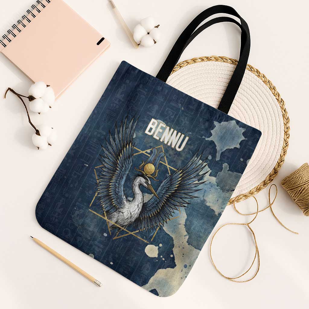 Bennu Ancient Egyptian Tote Bag with Deep Blue Ink Wash, Winged Bennu Bird and Soul of Ra - Wonder Print Shop