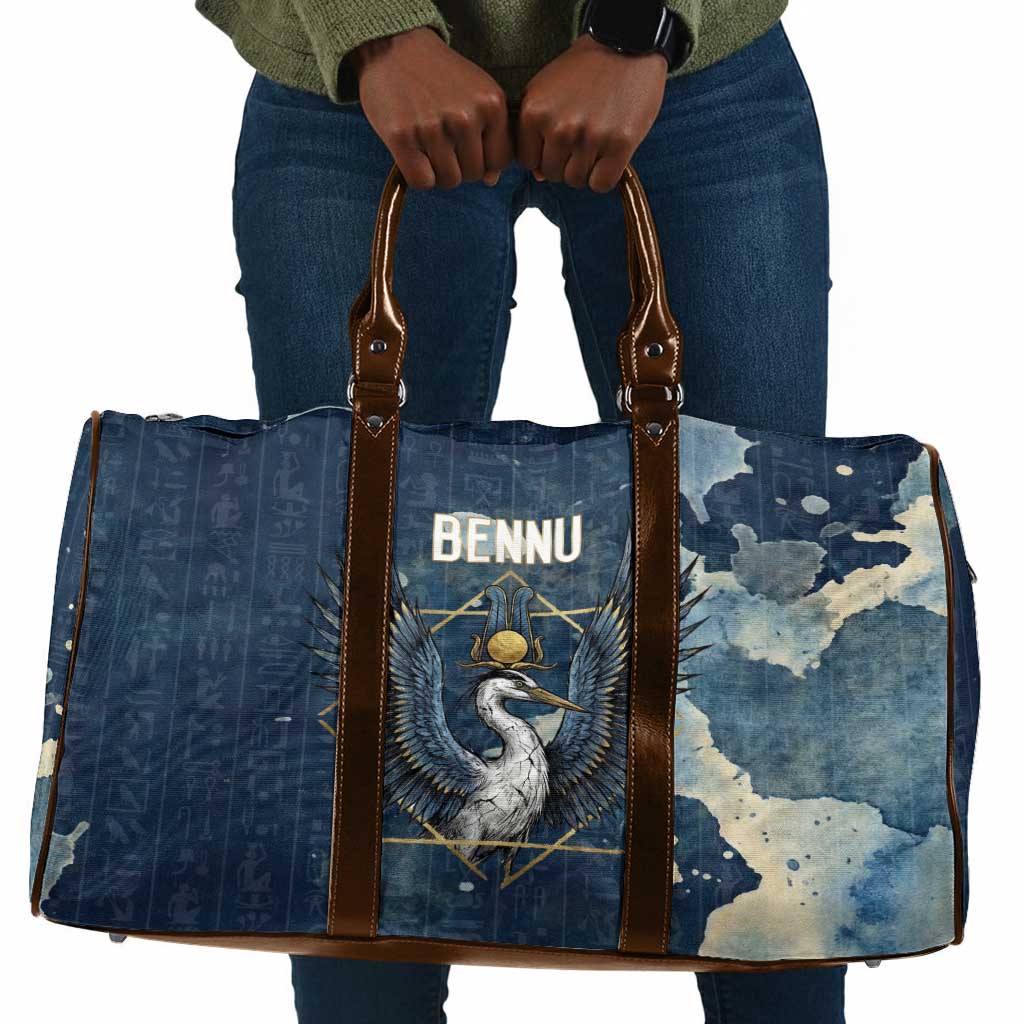 Bennu Ancient Egyptian Travel Bag with Deep Blue Ink Wash, Winged Bennu Bird and Soul of Ra - Wonder Print Shop