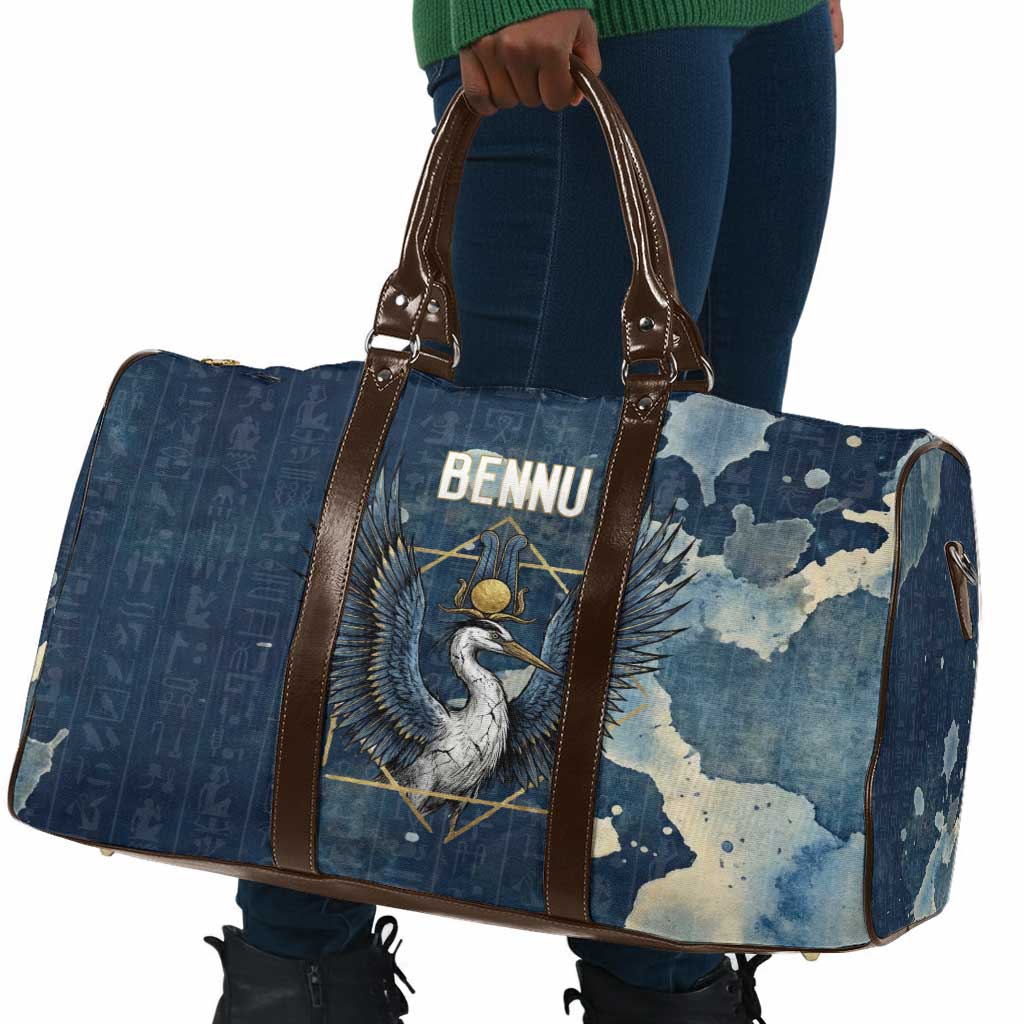 Bennu Ancient Egyptian Travel Bag with Deep Blue Ink Wash, Winged Bennu Bird and Soul of Ra - Wonder Print Shop
