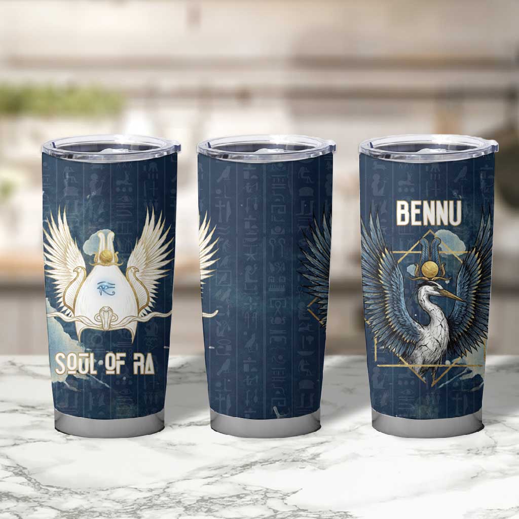 Bennu Ancient Egyptian Tumbler Cup with Deep Blue Ink Wash, Winged Bennu Bird and Soul of Ra - Wonder Print Shop