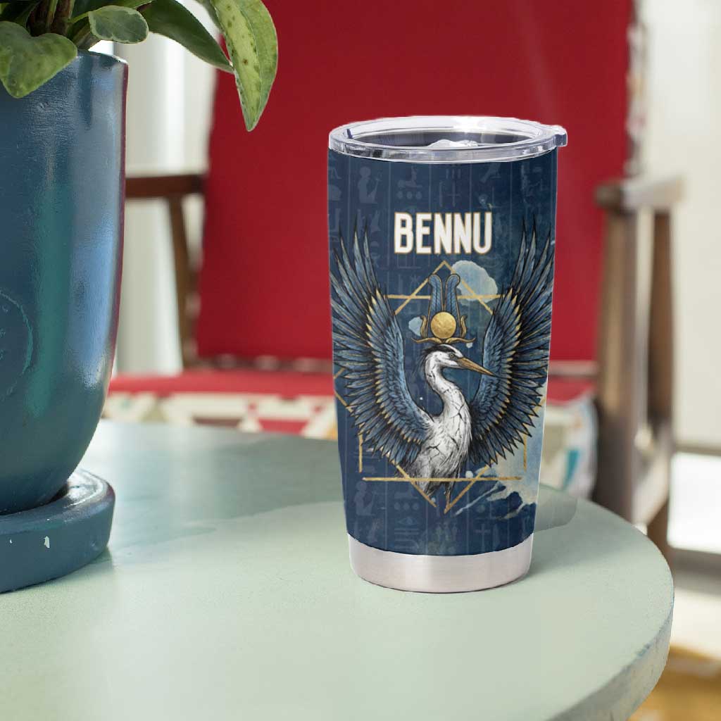 Bennu Ancient Egyptian Tumbler Cup with Deep Blue Ink Wash, Winged Bennu Bird and Soul of Ra - Wonder Print Shop