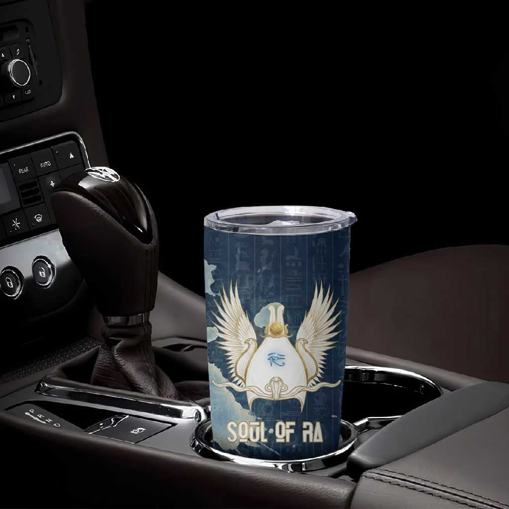 Bennu Ancient Egyptian Tumbler Cup with Deep Blue Ink Wash, Winged Bennu Bird and Soul of Ra - Wonder Print Shop