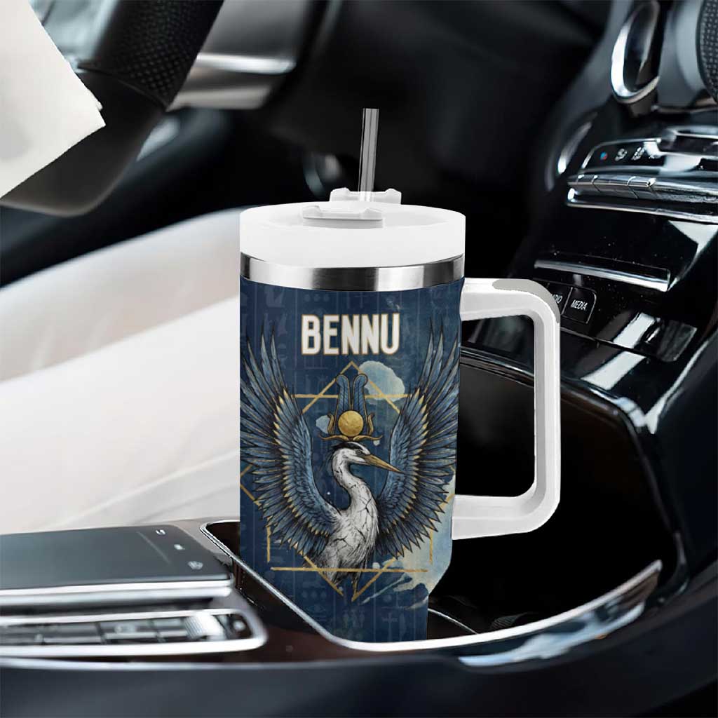 Bennu Ancient Egyptian Tumbler With Handle with Deep Blue Ink Wash, Winged Bennu Bird and Soul of Ra - Wonder Print Shop