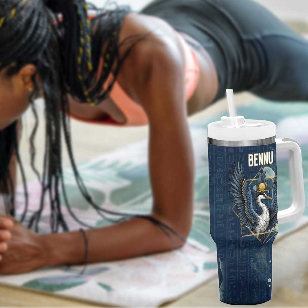 Bennu Ancient Egyptian Tumbler With Handle with Deep Blue Ink Wash, Winged Bennu Bird and Soul of Ra - Wonder Print Shop