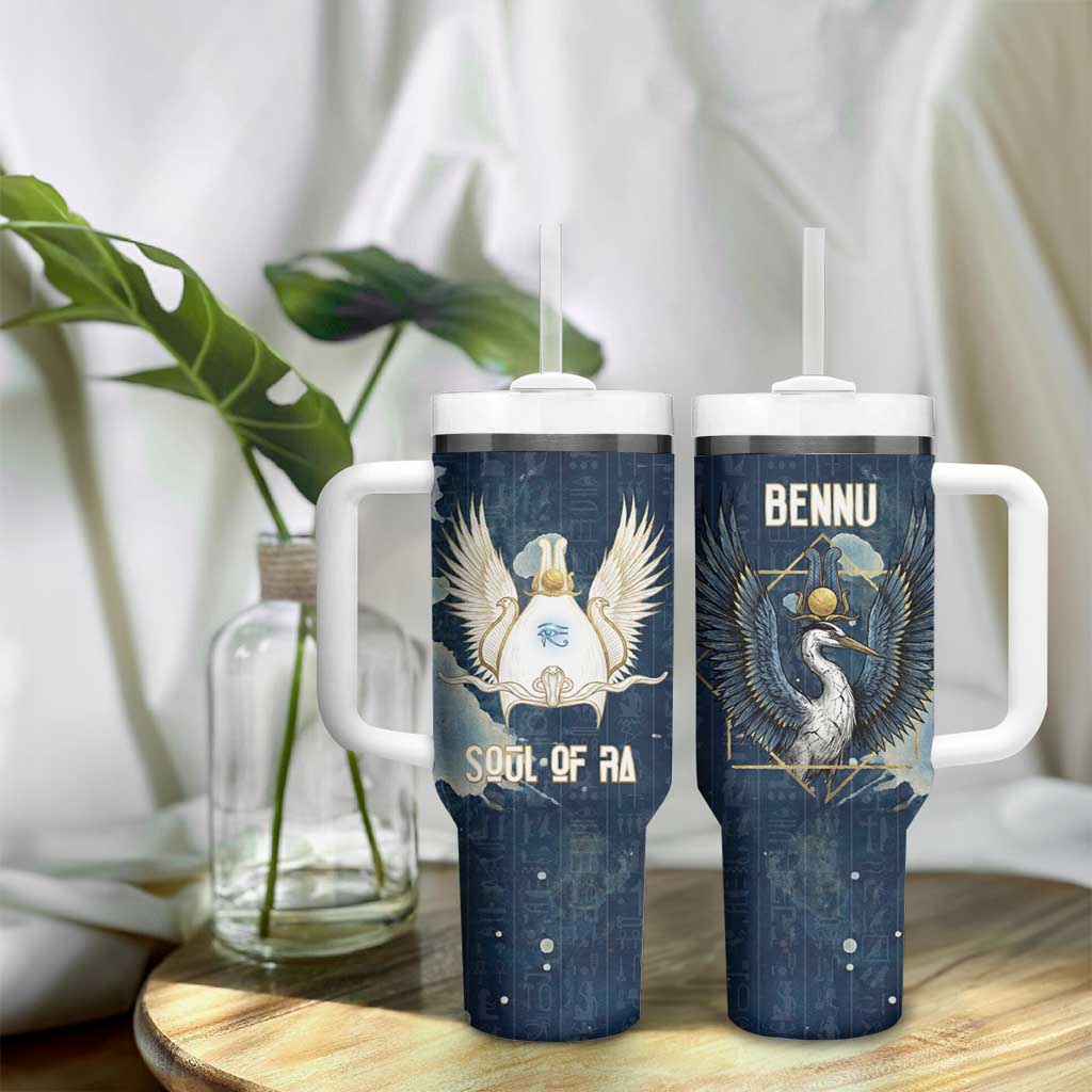 Bennu Ancient Egyptian Tumbler With Handle with Deep Blue Ink Wash, Winged Bennu Bird and Soul of Ra - Wonder Print Shop