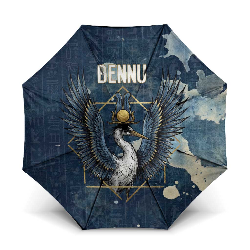 Bennu Ancient Egyptian Umbrella with Deep Blue Ink Wash, Winged Bennu Bird and Soul of Ra - Wonder Print Shop