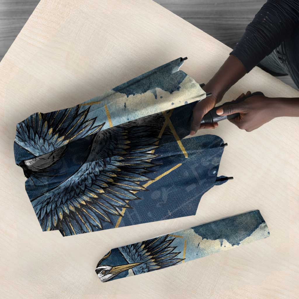 Bennu Ancient Egyptian Umbrella with Deep Blue Ink Wash, Winged Bennu Bird and Soul of Ra - Wonder Print Shop