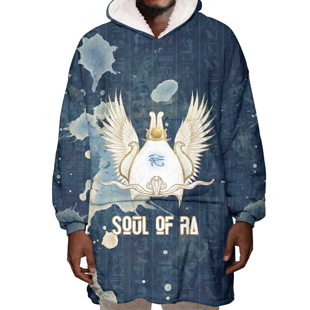 Bennu Ancient Egyptian Wearable Blanket Hoodie with Deep Blue Ink Wash, Winged Bennu Bird and Soul of Ra - Wonder Print Shop
