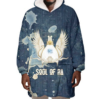 Bennu Ancient Egyptian Wearable Blanket Hoodie with Deep Blue Ink Wash, Winged Bennu Bird and Soul of Ra - Wonder Print Shop