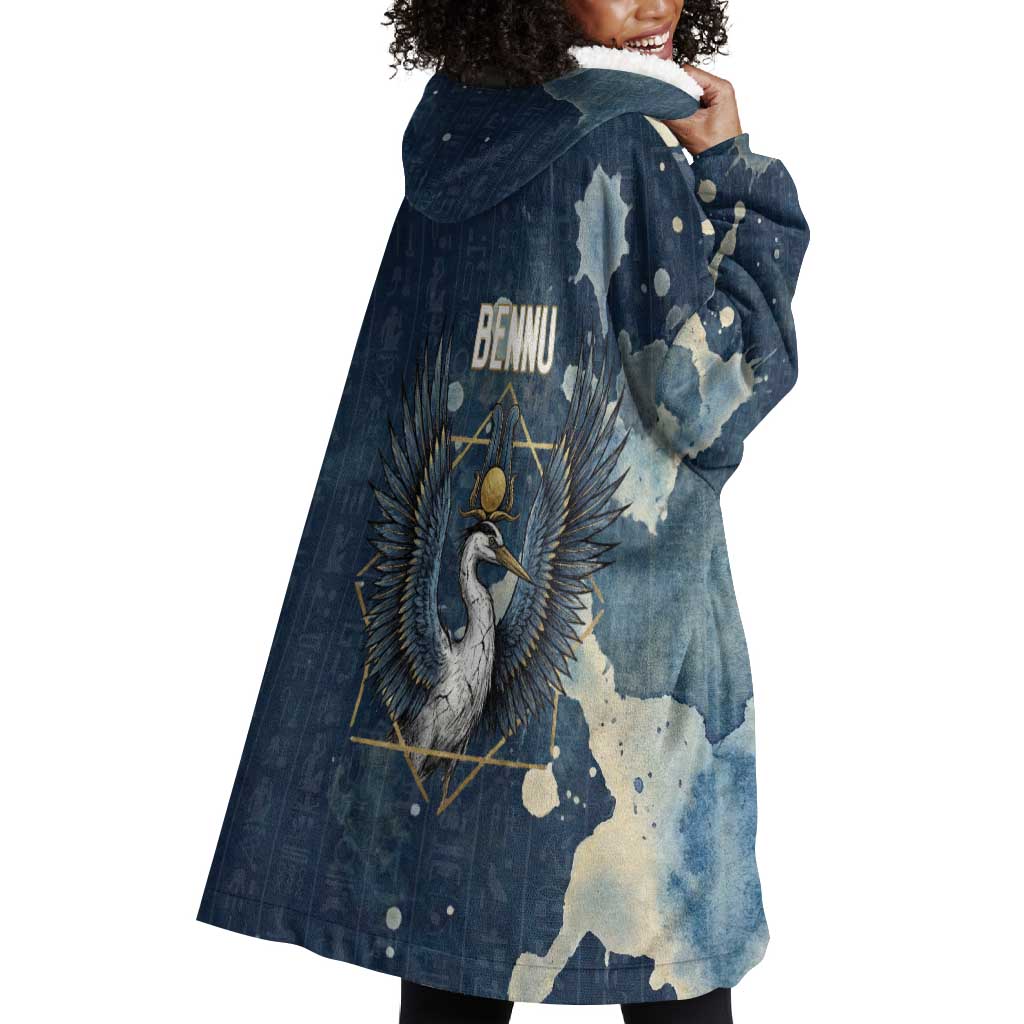 Bennu Ancient Egyptian Wearable Blanket Hoodie with Deep Blue Ink Wash, Winged Bennu Bird and Soul of Ra - Wonder Print Shop