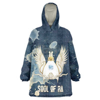Bennu Ancient Egyptian Wearable Blanket Hoodie with Deep Blue Ink Wash, Winged Bennu Bird and Soul of Ra - Wonder Print Shop