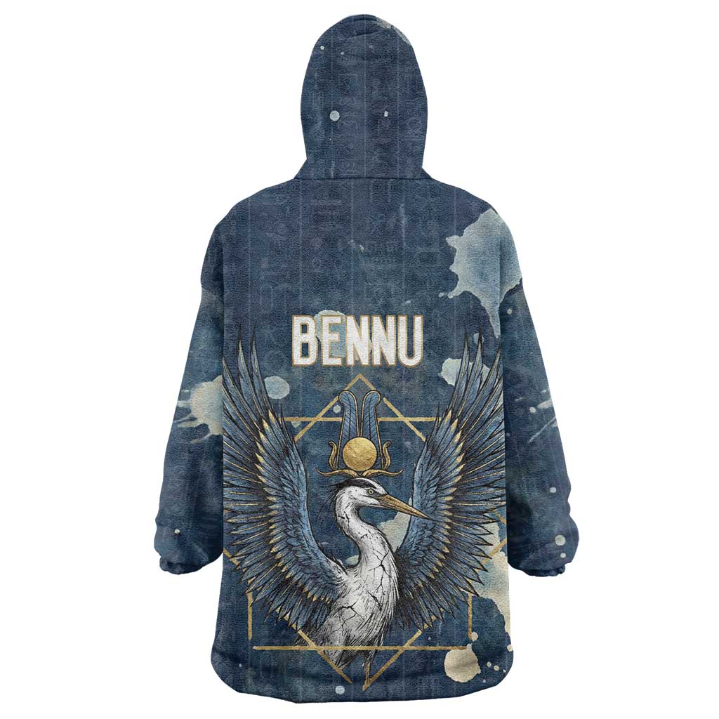 Bennu Ancient Egyptian Wearable Blanket Hoodie with Deep Blue Ink Wash, Winged Bennu Bird and Soul of Ra - Wonder Print Shop