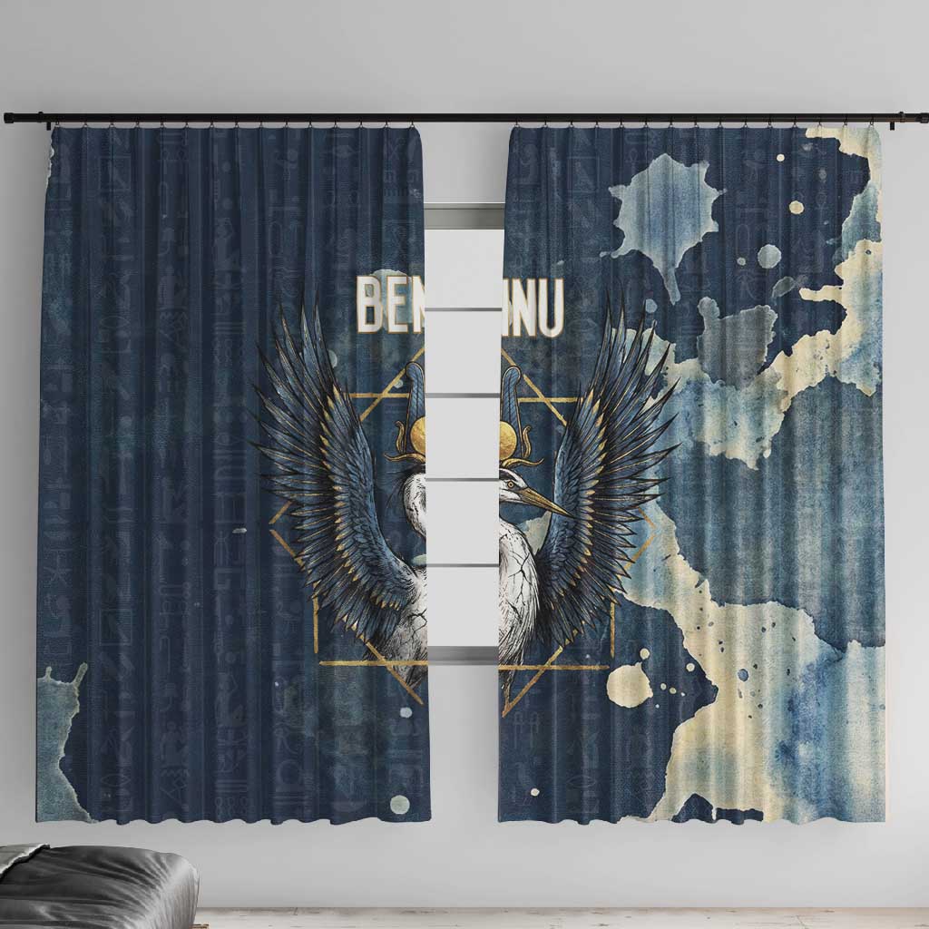 Bennu Ancient Egyptian Window Curtain with Deep Blue Ink Wash, Winged Bennu Bird and Soul of Ra - Wonder Print Shop