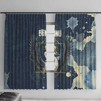 Bennu Ancient Egyptian Window Curtain with Deep Blue Ink Wash, Winged Bennu Bird and Soul of Ra - Wonder Print Shop