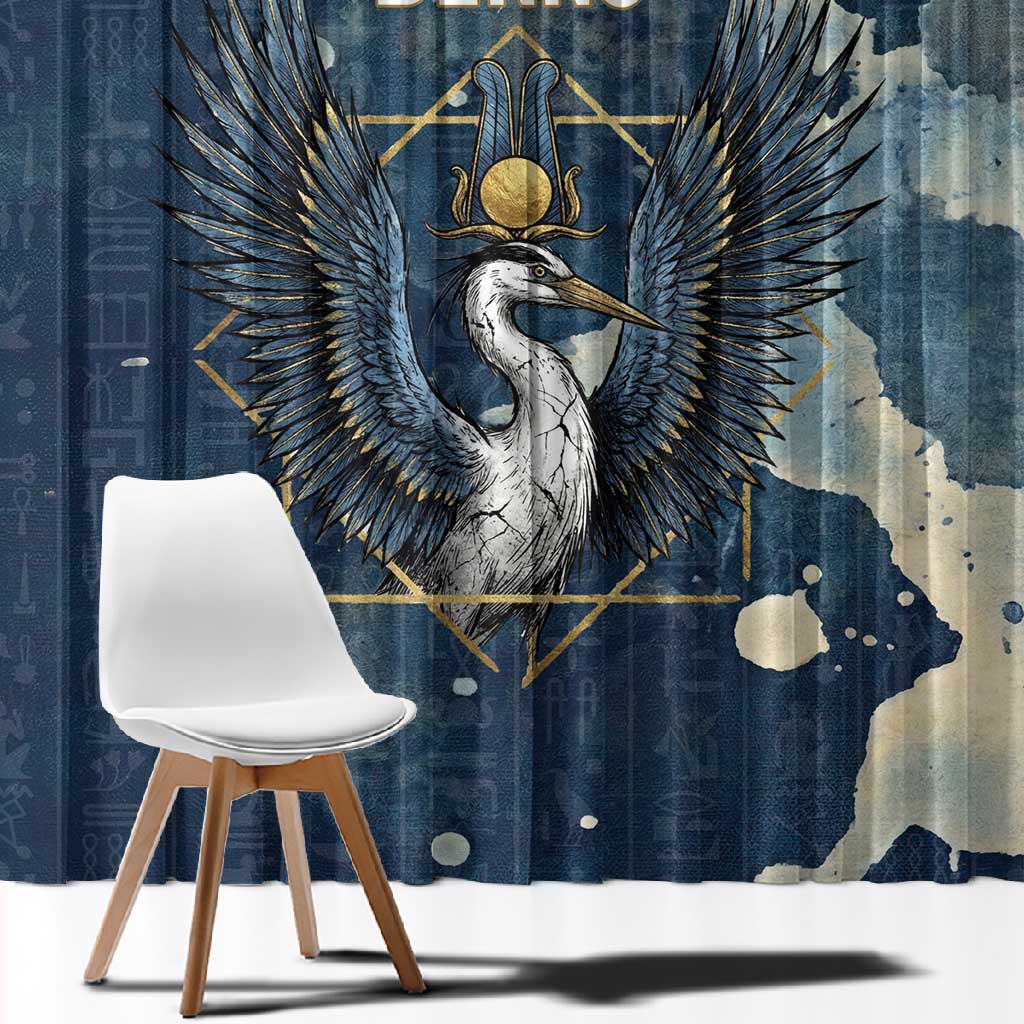 Bennu Ancient Egyptian Window Curtain with Deep Blue Ink Wash, Winged Bennu Bird and Soul of Ra - Wonder Print Shop