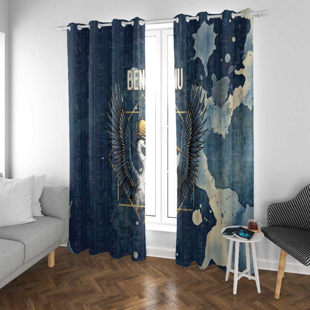 Bennu Ancient Egyptian Window Curtain with Deep Blue Ink Wash, Winged Bennu Bird and Soul of Ra - Wonder Print Shop