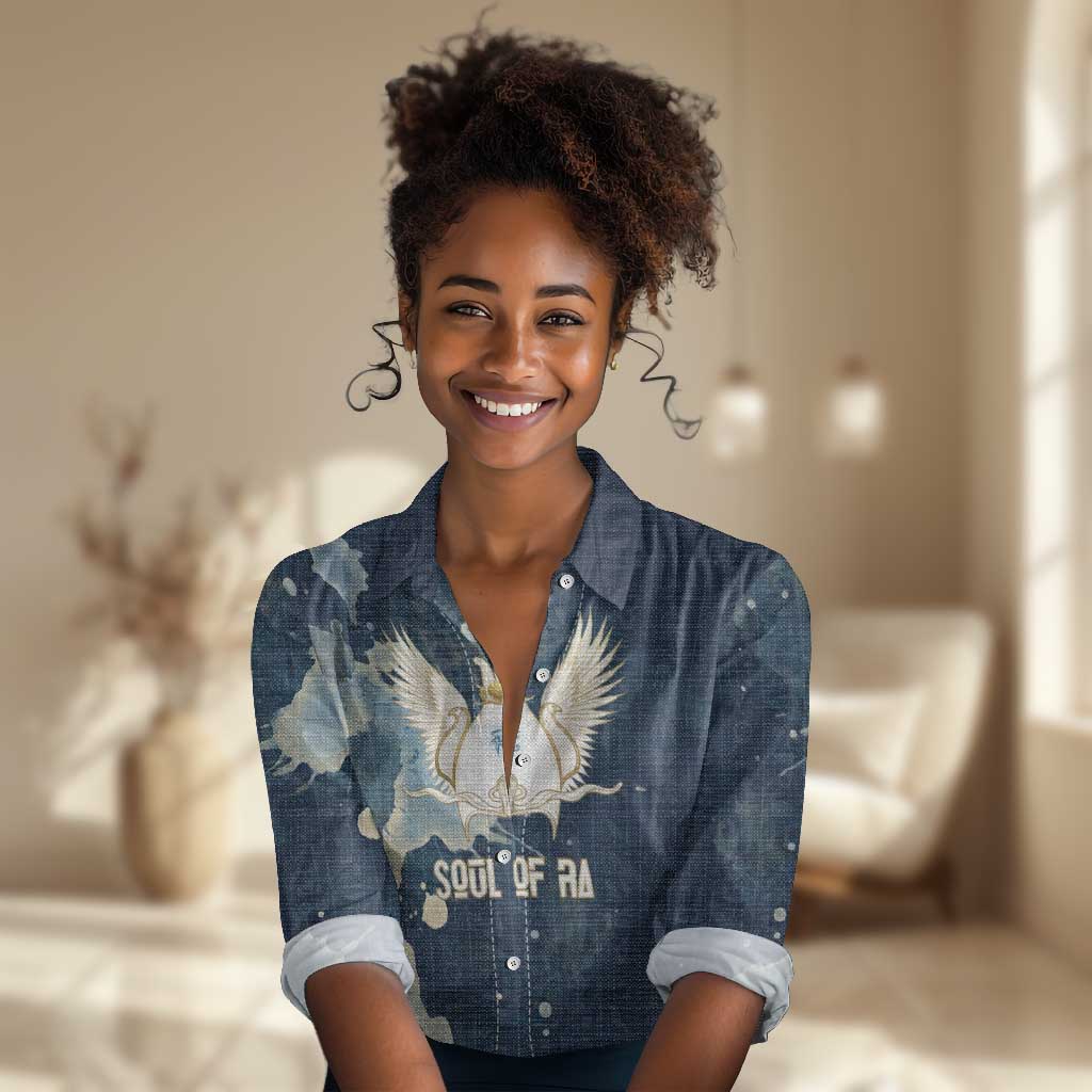 Bennu Ancient Egyptian Women Casual Shirt with Deep Blue Ink Wash, Winged Bennu Bird and Soul of Ra - Wonder Print Shop