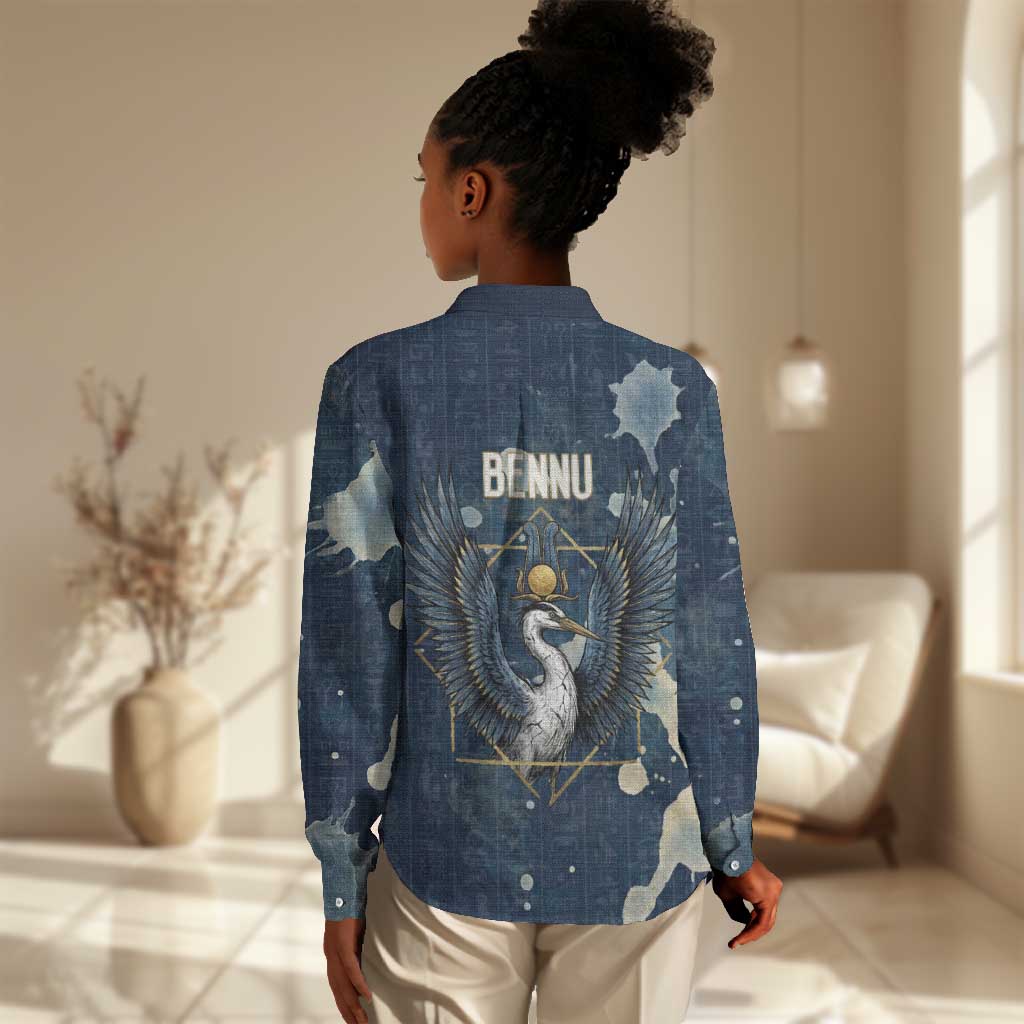 Bennu Ancient Egyptian Women Casual Shirt with Deep Blue Ink Wash, Winged Bennu Bird and Soul of Ra - Wonder Print Shop