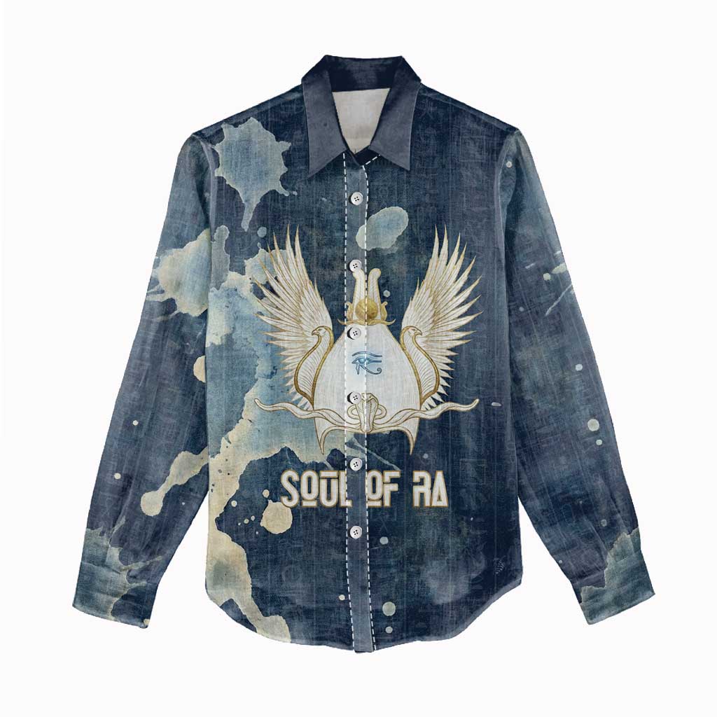 Bennu Ancient Egyptian Women Casual Shirt with Deep Blue Ink Wash, Winged Bennu Bird and Soul of Ra - Wonder Print Shop